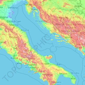 Mappa topografica Mare Adriatico, altitudine, rilievo