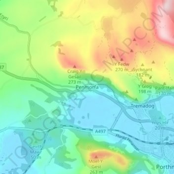 Mappa topografica Penmorfa, altitudine, rilievo
