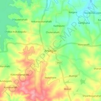 Mappa topografica Arkalgud, altitudine, rilievo