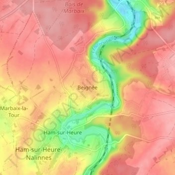 Mappa topografica Beignée, altitudine, rilievo