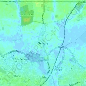 Mappa topografica Shripney, altitudine, rilievo