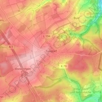 Mappa topografica Tondorf, altitudine, rilievo