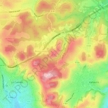 Mappa topografica Mougins le Haut, altitudine, rilievo