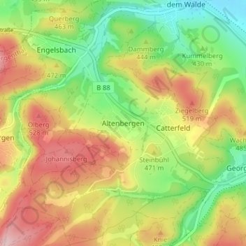 Mappa topografica Altenbergen, altitudine, rilievo