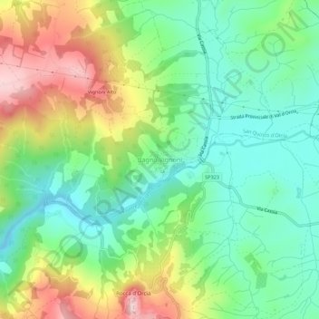 Mappa topografica Bagno Vignoni, altitudine, rilievo