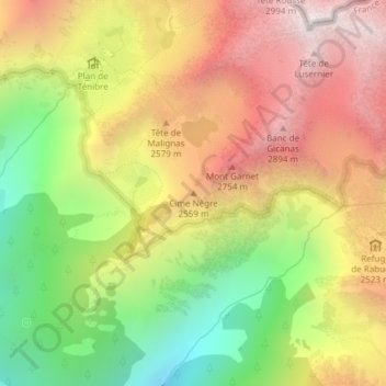 Mappa topografica Cime Nègre, altitudine, rilievo