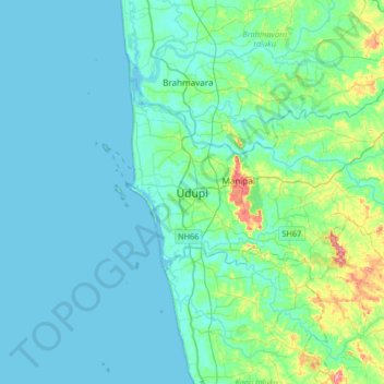 Mappa topografica Udupi, altitudine, rilievo