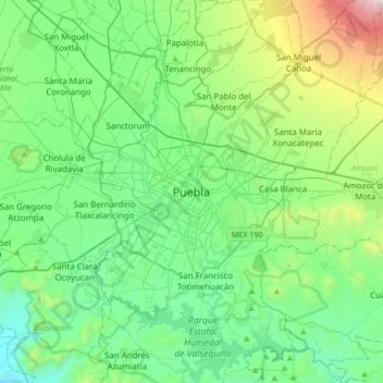 Mappa topografica Puebla, altitudine, rilievo
