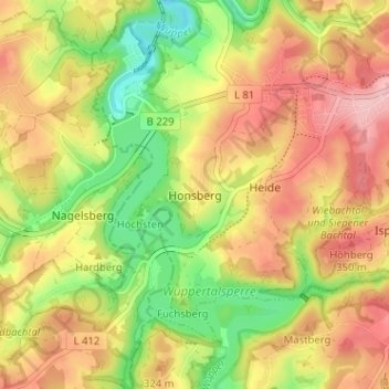 Mappa topografica Honsberg, altitudine, rilievo