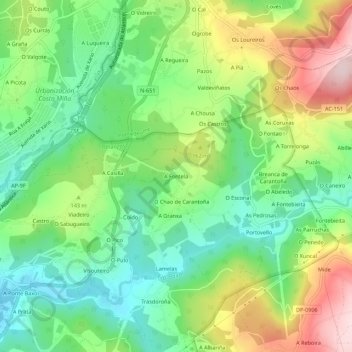 Mappa topografica A Fontela, altitudine, rilievo