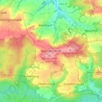 Mappa topografica Tauchersreuth, altitudine, rilievo