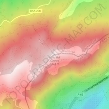 Mappa topografica Peña del Cuervo, altitudine, rilievo