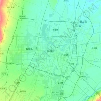 Mappa topografica 银川市, altitudine, rilievo