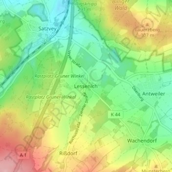 Mappa topografica Lessenich, altitudine, rilievo