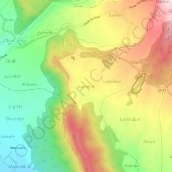 Mappa topografica Gujrehra, altitudine, rilievo