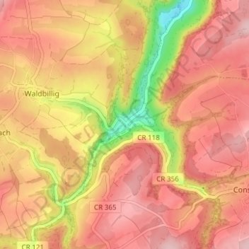 Mappa topografica Mullerthal, altitudine, rilievo