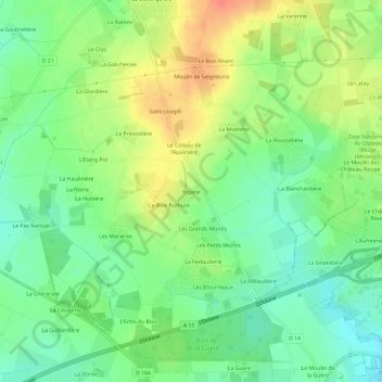 Mappa topografica Bigane, altitudine, rilievo
