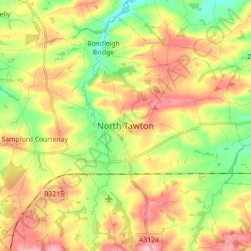 Mappa topografica North Tawton, altitudine, rilievo