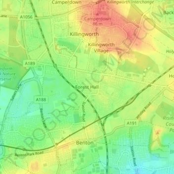 Mappa topografica Forest Hall, altitudine, rilievo