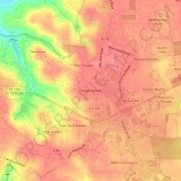 Mappa topografica Conger Woods, altitudine, rilievo