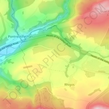 Mappa topografica Cefn Rhigos, altitudine, rilievo