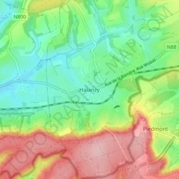 Mappa topografica Halanzy, altitudine, rilievo