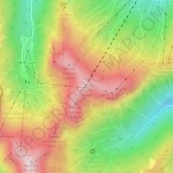 Mappa topografica Monte Gomito, altitudine, rilievo