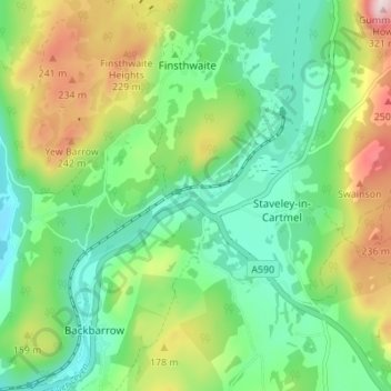 Mappa topografica Newby Bridge, altitudine, rilievo