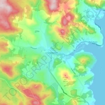 Mappa topografica Geeveston, altitudine, rilievo