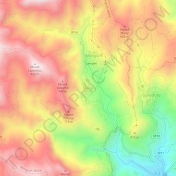 Mappa topografica Melia, altitudine, rilievo