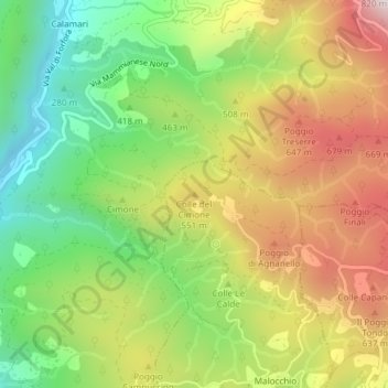 Mappa topografica Colle del Cimone, altitudine, rilievo