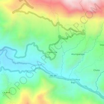 Mappa topografica Llanduma, altitudine, rilievo