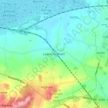 Mappa topografica Lower Higham, altitudine, rilievo