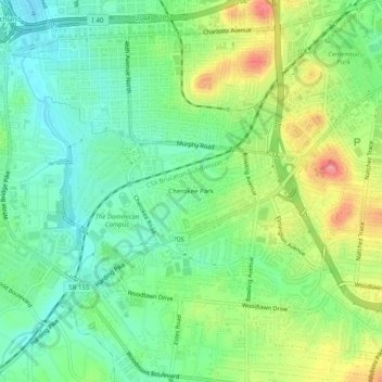 Mappa topografica Cherokee Park, altitudine, rilievo