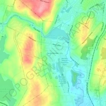 Mappa topografica South Meriden, altitudine, rilievo