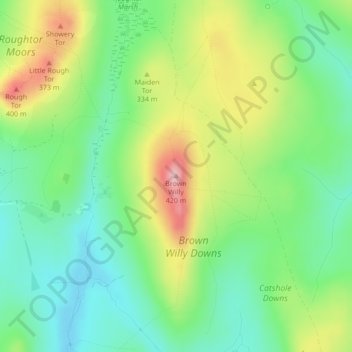 Mappa topografica Brown Willy, altitudine, rilievo