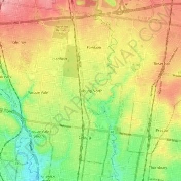 Mappa topografica Coburg North, altitudine, rilievo