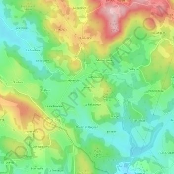 Mappa topografica Lascaux, altitudine, rilievo