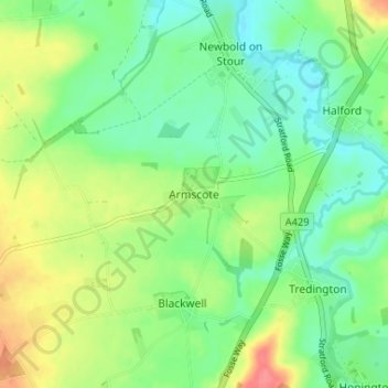 Mappa topografica Armscote, altitudine, rilievo