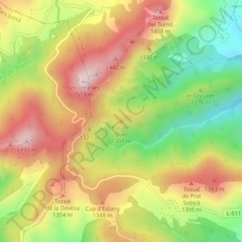 Mappa topografica Roc del Quer, altitudine, rilievo