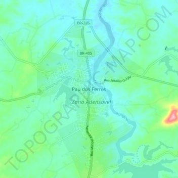 Mappa topografica Pau dos Ferros, altitudine, rilievo