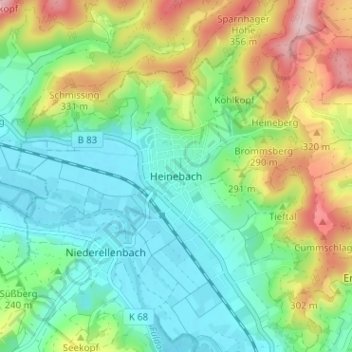 Mappa topografica Heinebach, altitudine, rilievo