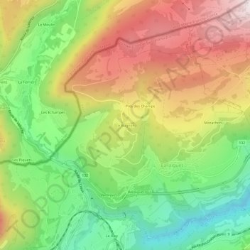 Mappa topografica Le Bugnon, altitudine, rilievo