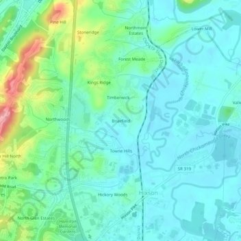 Mappa topografica Briarfield, altitudine, rilievo