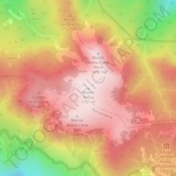 Mappa topografica Monte Aiona, altitudine, rilievo