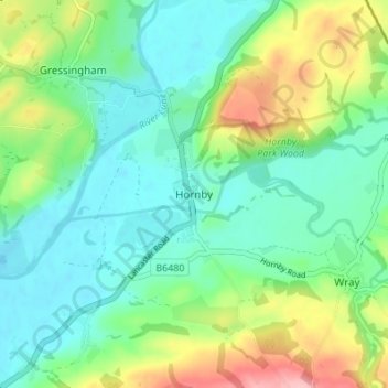 Mappa topografica Hornby, altitudine, rilievo