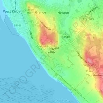 Mappa topografica Caldy, altitudine, rilievo