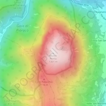 Mappa topografica Monte Primo, altitudine, rilievo