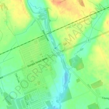 Mappa topografica Thamesford, altitudine, rilievo