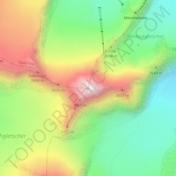 Mappa topografica Allalinhorn, altitudine, rilievo